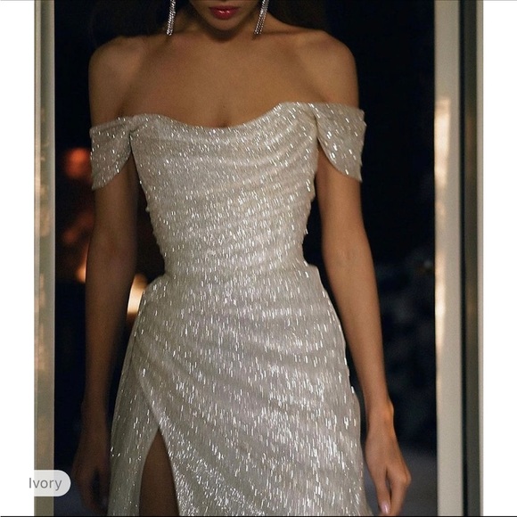 NWT LightInTheBox off the shoulder, white, sequin, floor length dress - Picture 7 of 8